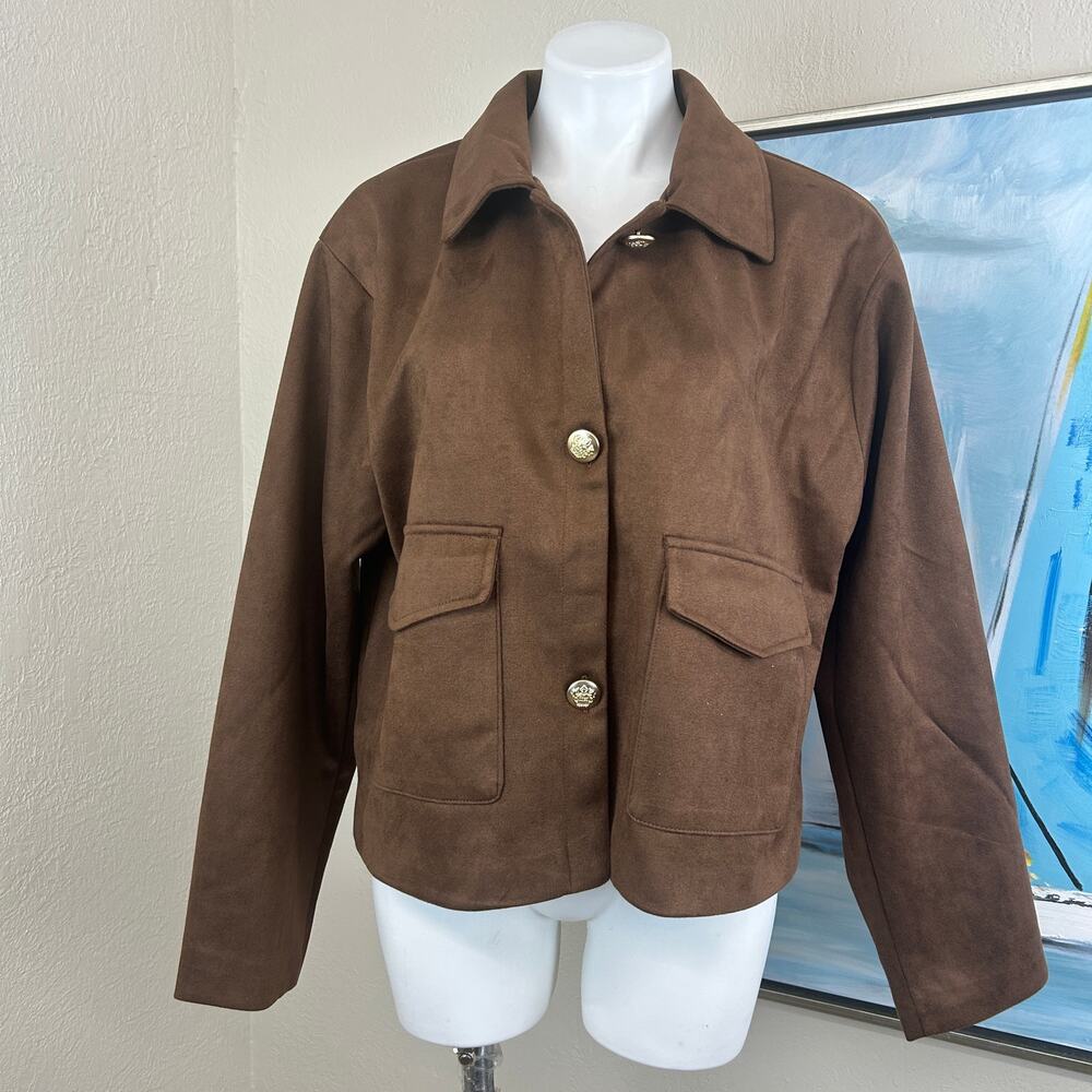 Steve Madden jacket chocolate brown faux-suede with gold-tone buttons size XL - Picture 1 of 6